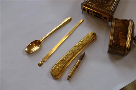 Two 18th century Etuis, one brass and hardstone, the other leather mounted